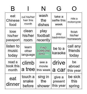 PRESENT PERFECT Bingo Card