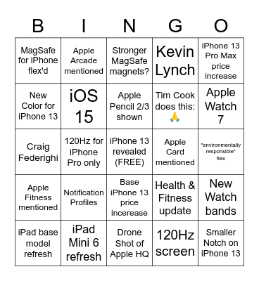 Apple iPhone 13 Keynote (09-14-2021) Bingo Card