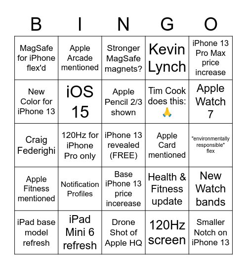 Apple iPhone 13 Keynote (09-14-2021) Bingo Card