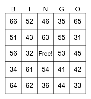 Number Bingo Card