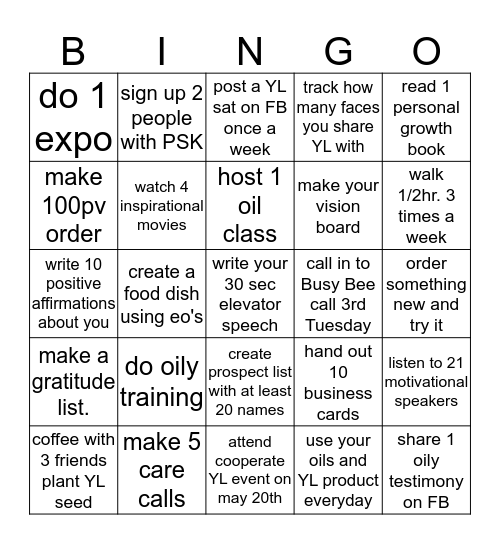 Oily Bingo Card