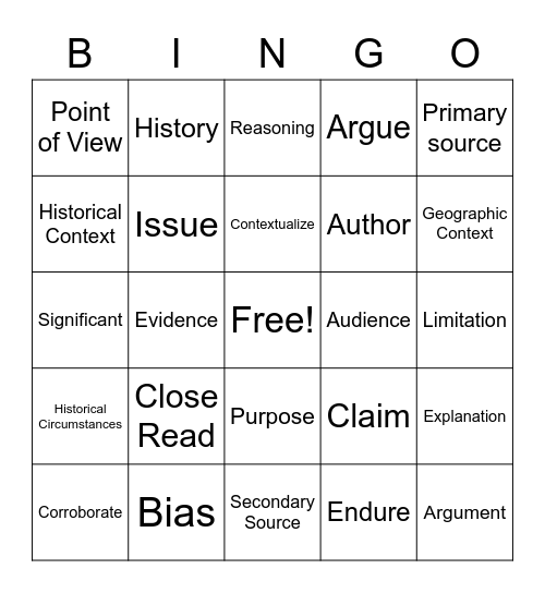 Historical Thinking Skills Bingo Card