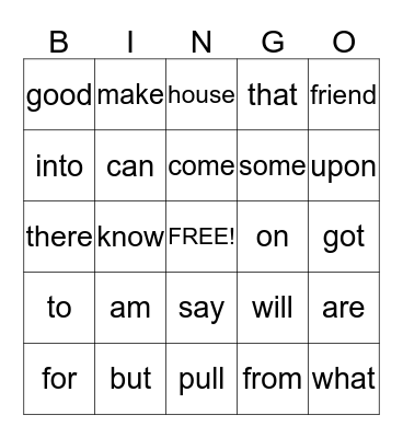 Sight Word Bingo Card