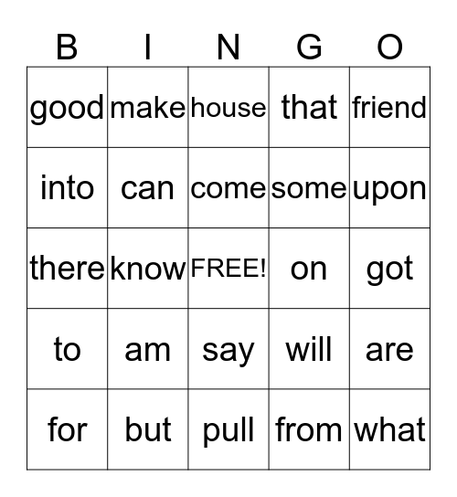 Sight Word Bingo Card