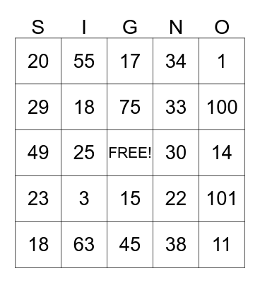 ASL Number SIGNO Bingo Card