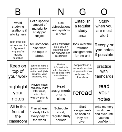 Study Habits Bingo Card
