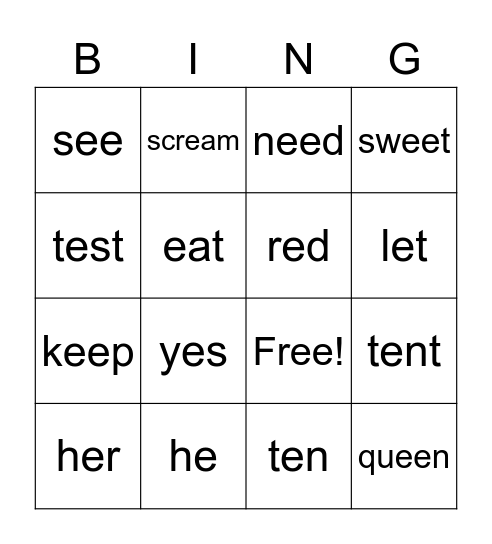 e Keywords Bingo Card