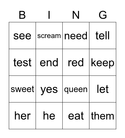 e Keywords Bingo Card