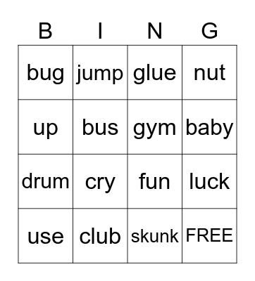 u and y keywords Bingo Card