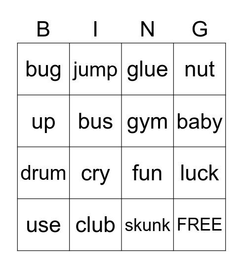 u and y keywords Bingo Card