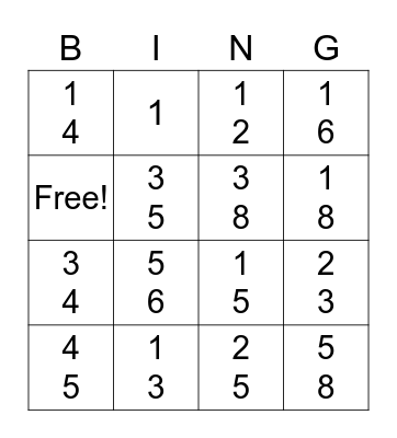 Fraction Bingo Card