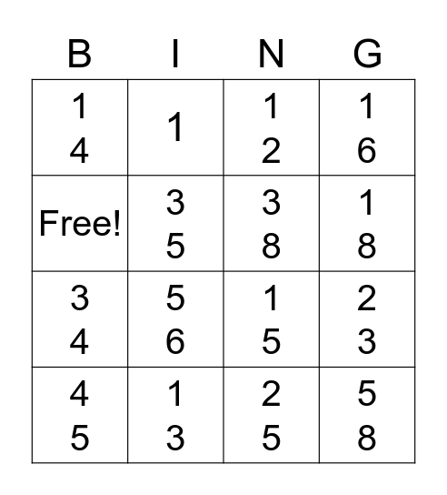 Fraction Bingo Card