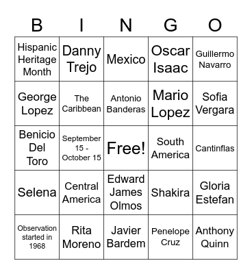 HISPANIC HERITAGE MONTH Bingo Card