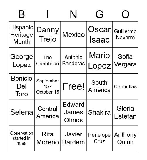 HISPANIC HERITAGE MONTH Bingo Card