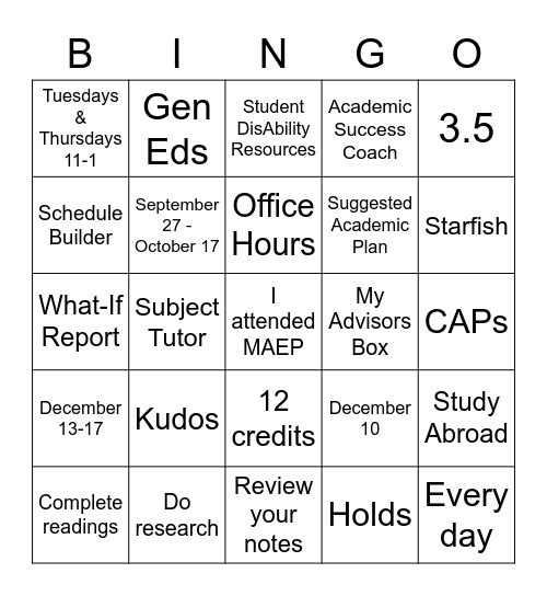Academics Bingo Card