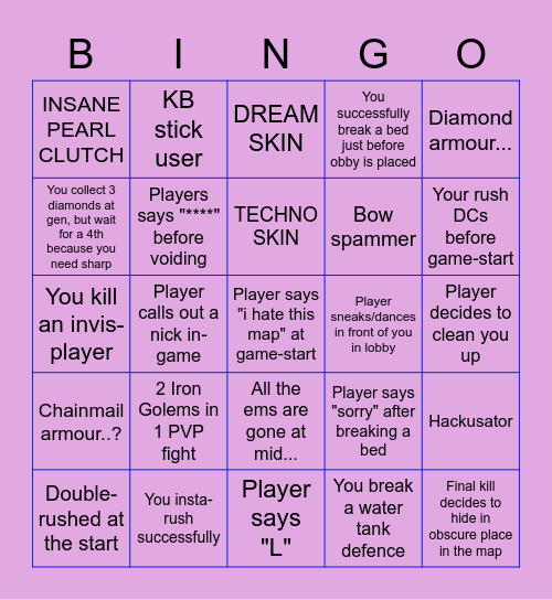 Bedwars Bingo Card