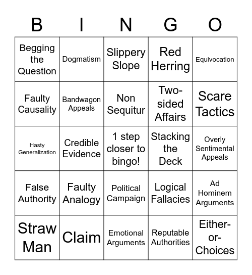 Fallacies of Argument Bingo Card