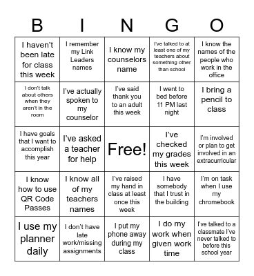 Freshman Success Bingo Card