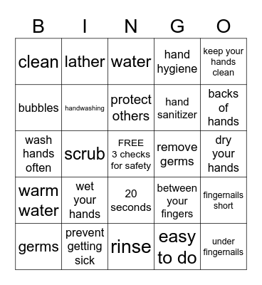 hand washing Bingo Card