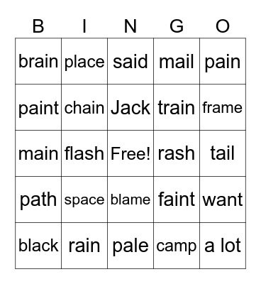 Within Word: Short/Long "a" Patterns Bingo Card