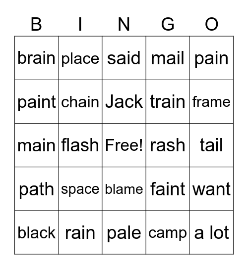 Within Word: Short/Long "a" Patterns Bingo Card