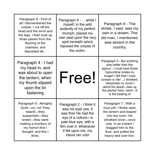 "The Tell-Tale Heart" Bingo Card