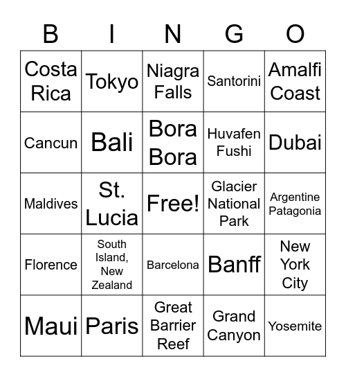 Vacation Destinations Bingo Card