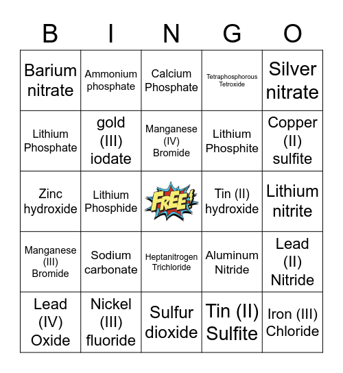 Nomenclature Bingo Card