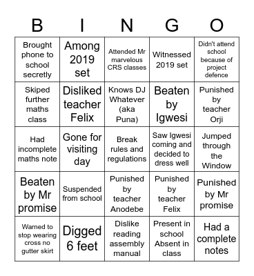 Queens Comprehensive Bingo Card