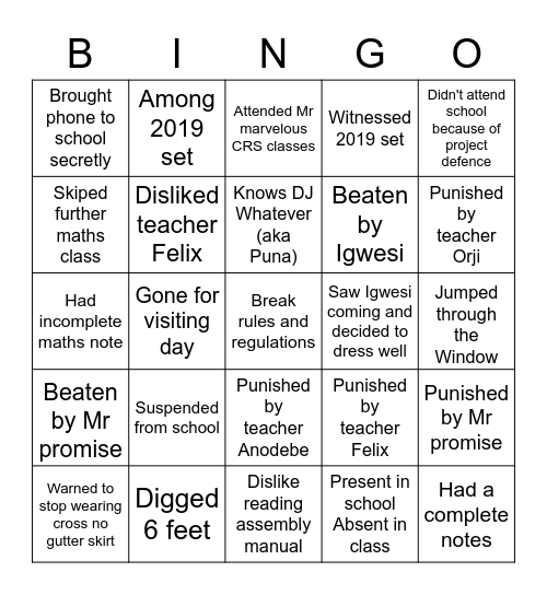 Queens Comprehensive Bingo Card