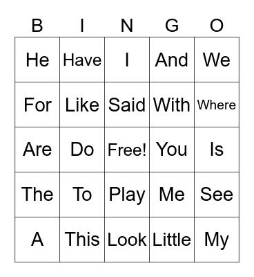 Vocabulary words Bingo Card