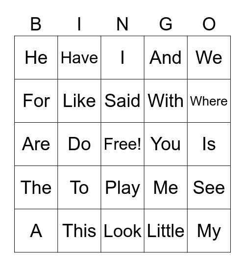 Vocabulary words Bingo Card