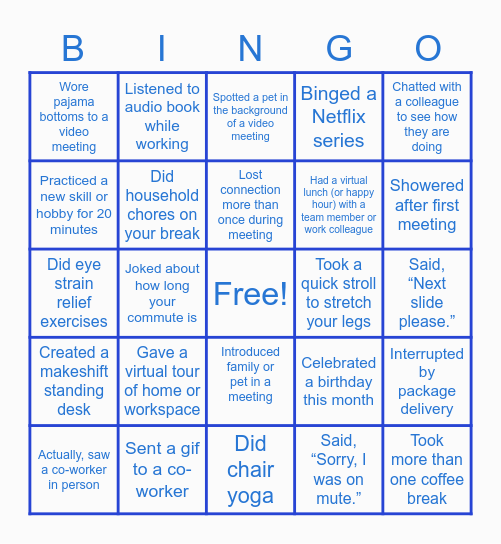 Virtual Team Bingo Card