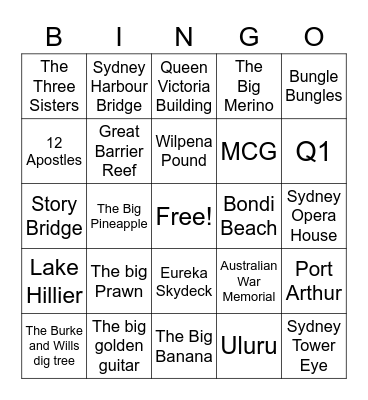 Great Australian Landmarks Bingo Card