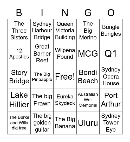 Great Australian Landmarks Bingo Card