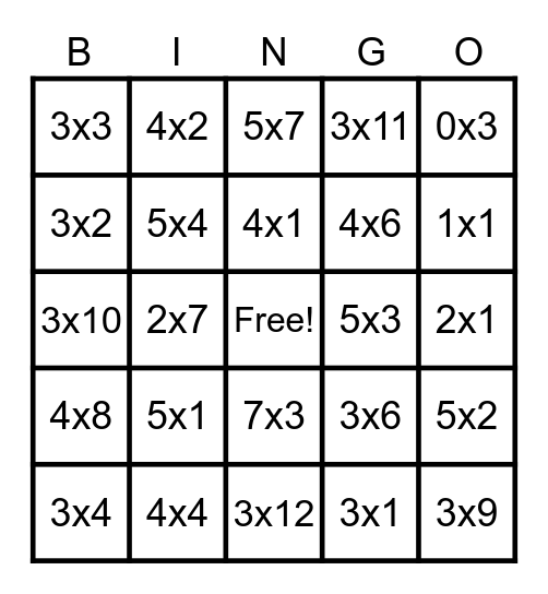 Multiplication Practice Bingo Card