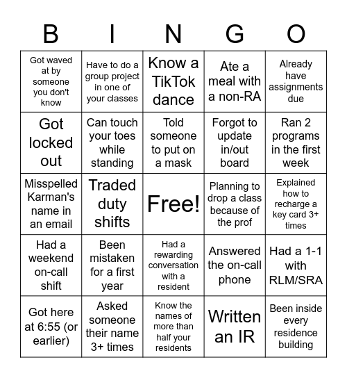 RA BINGO Card