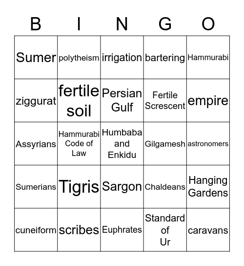 Mesopotamia Bingo Card