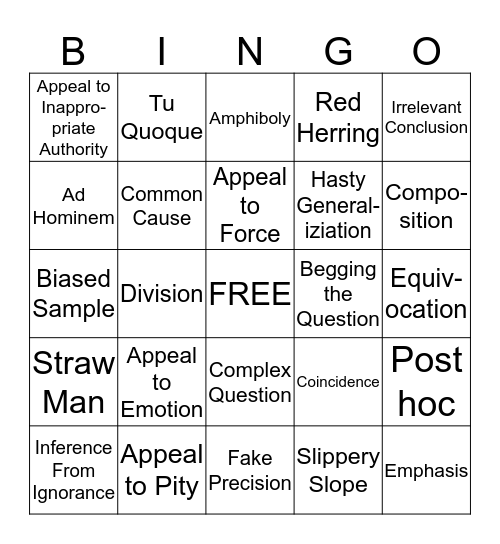 Logical Fallacy Bingo Card