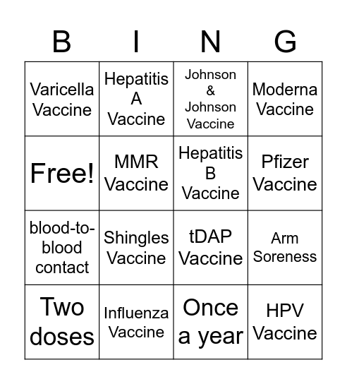 Adult Immunizations Bingo Card