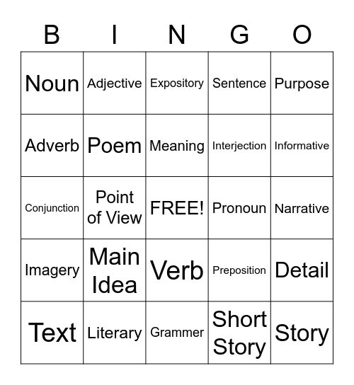 Language Arts Bingo - 1 Bingo Card