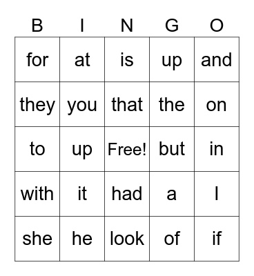First Grade Sight Words Bingo Card
