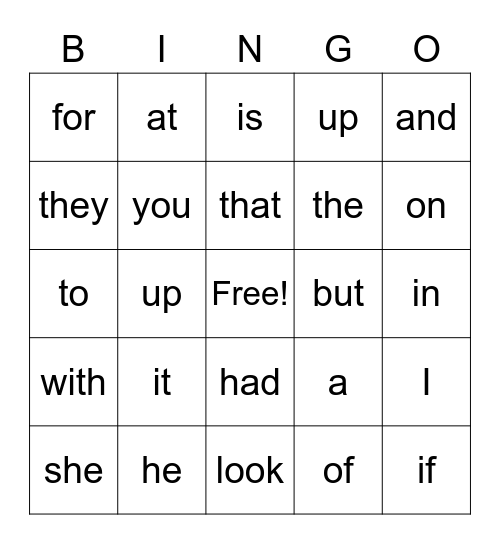 First Grade Sight Words Bingo Card