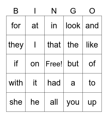First Grade Sight Words Bingo Card