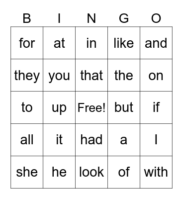 First Grade Sight Words Bingo Card