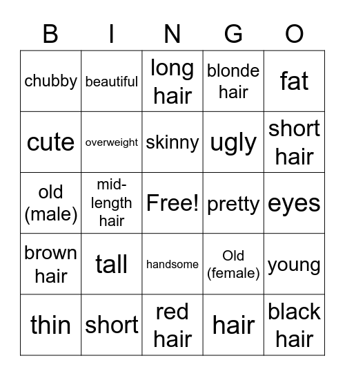 Adjectives for Physical Descriptions Bingo Card