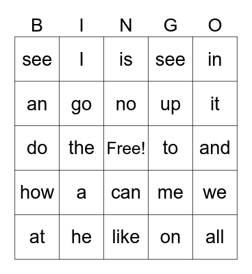 First Grade Sight Words Bingo Card