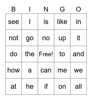 First Grade Sight Words Bingo Card