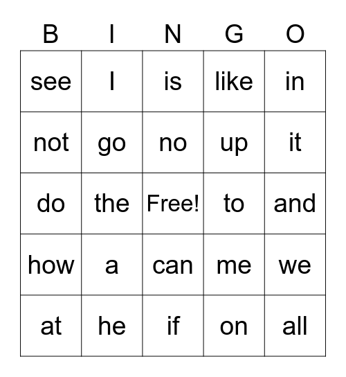 First Grade Sight Words Bingo Card