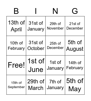 Bingo dates Bingo Card